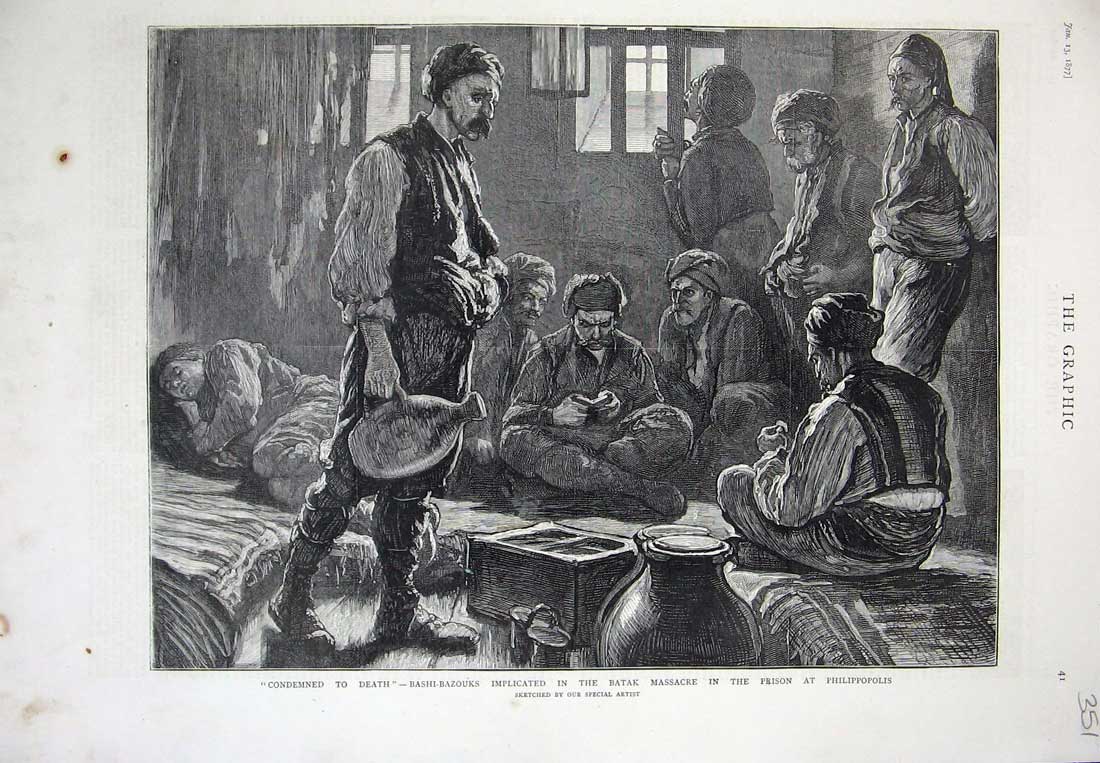 Old Antique Print 1877 Bashi-Bazouks Batak Massacre Prison Philippopolis 19th