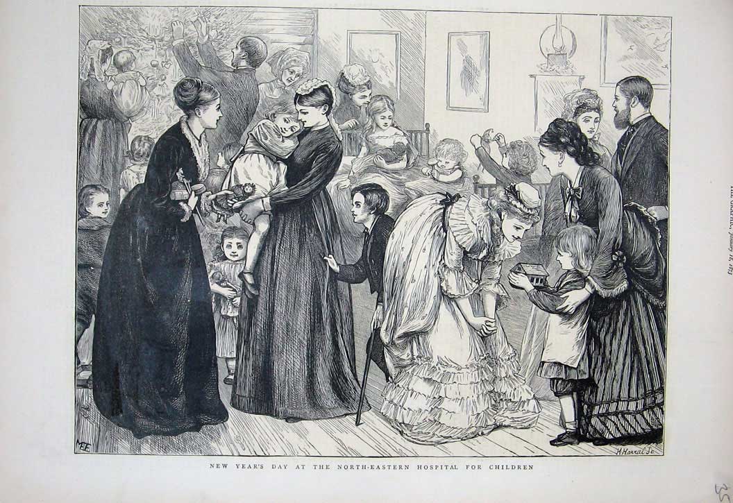 Original Old Antique Print 1873 New Years Day North Eastern Hospital Children