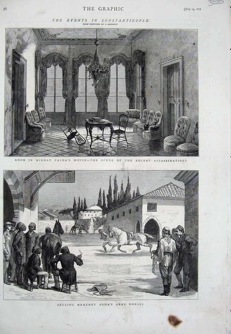 Original Old Antique Print 1876 Constantinople Midhat Pasha Mehemet Agha Horses