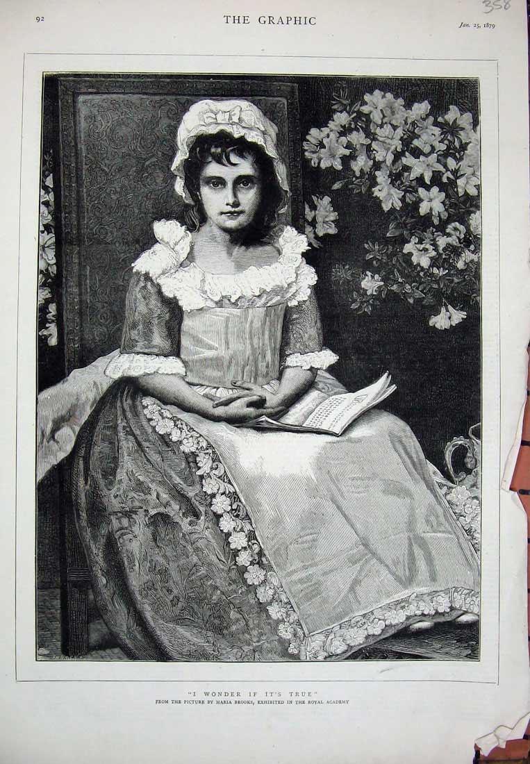 Old Antique Print 1879 Maria Brooks Royal Academy Young Girl Reading Book 19th