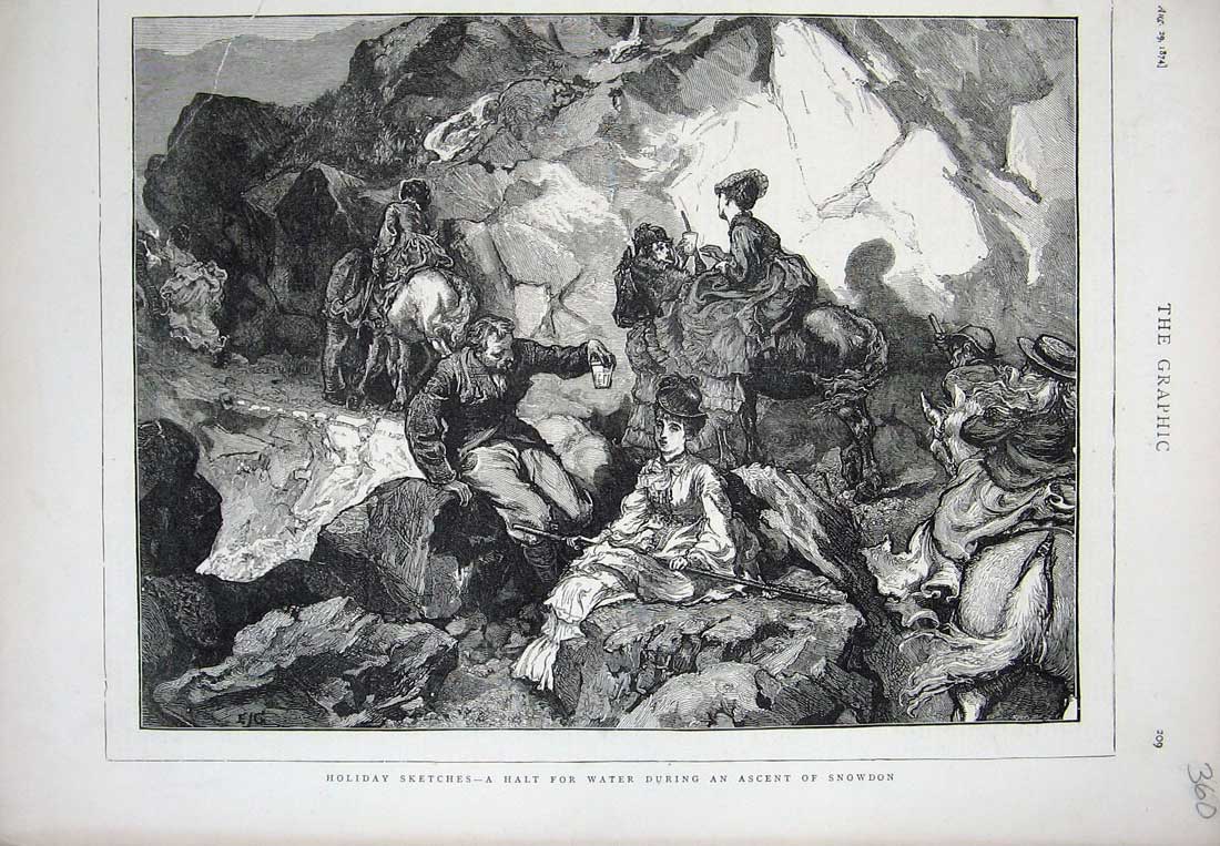 Original Old Antique Print 1874 Holidays Ascent Mountain Climbing Snowdon Wales