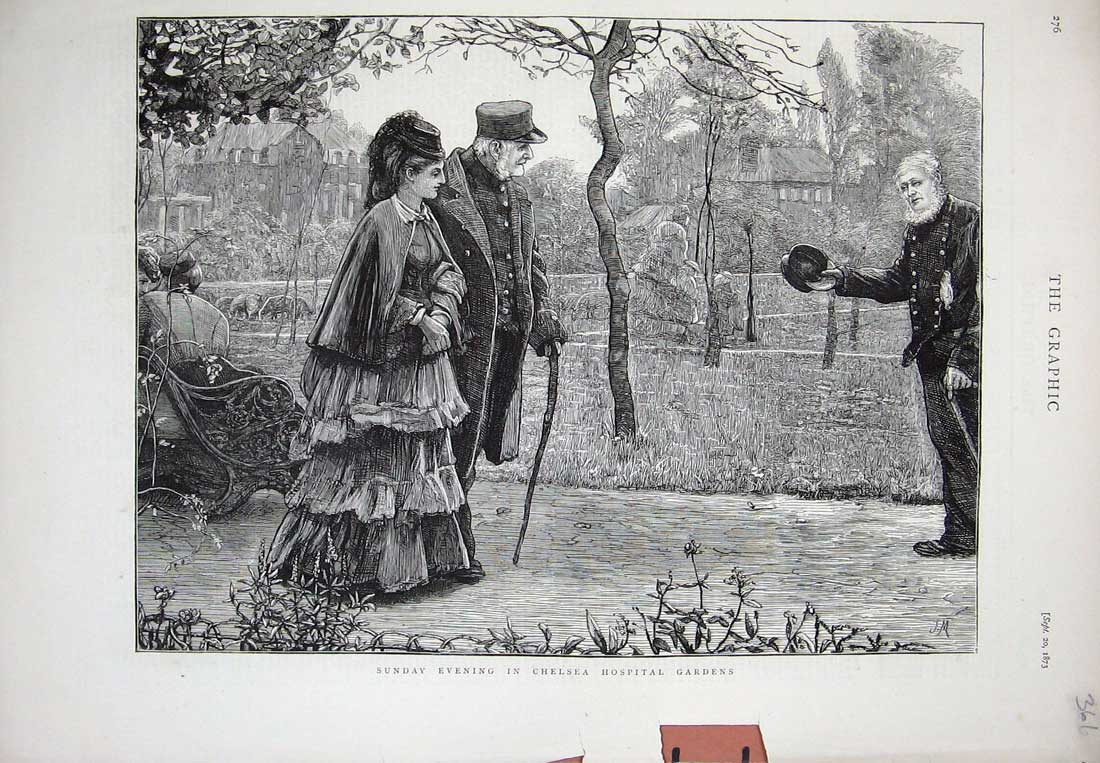 Original Old Antique Print 1873 Chelsea Hospital Gardens Man Nurse Fine Art