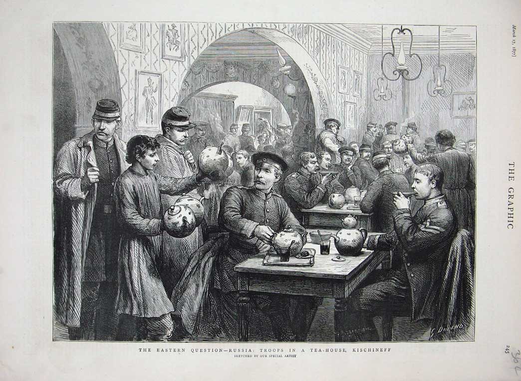 Original Old Antique Print 1877 Russia Troops Tea House Kischineff War Siers