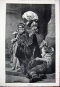 Original Old Antique Print 1881 Fine Art Lady Woman Man Little Girl Victorian