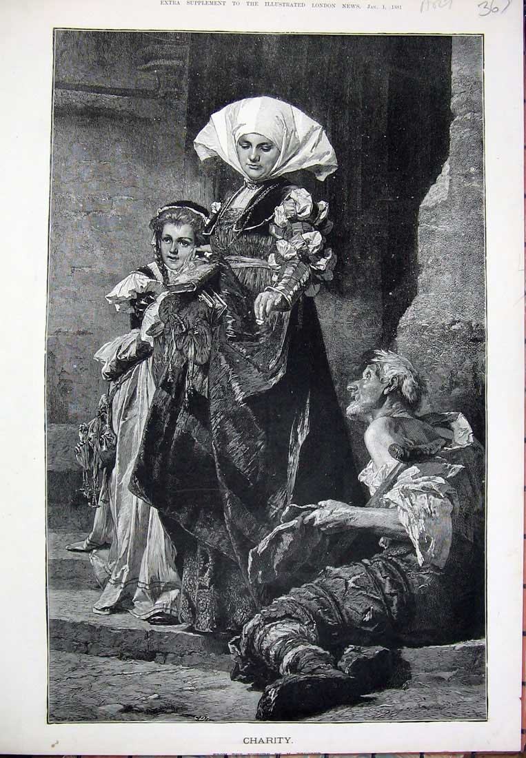 Original Old Antique Print 1881 Fine Art Lady Woman Man Little Girl Victorian