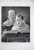 Original Old Antique Print 1882 Roberts Fine Art Man Boy Rehearsal Singing Book