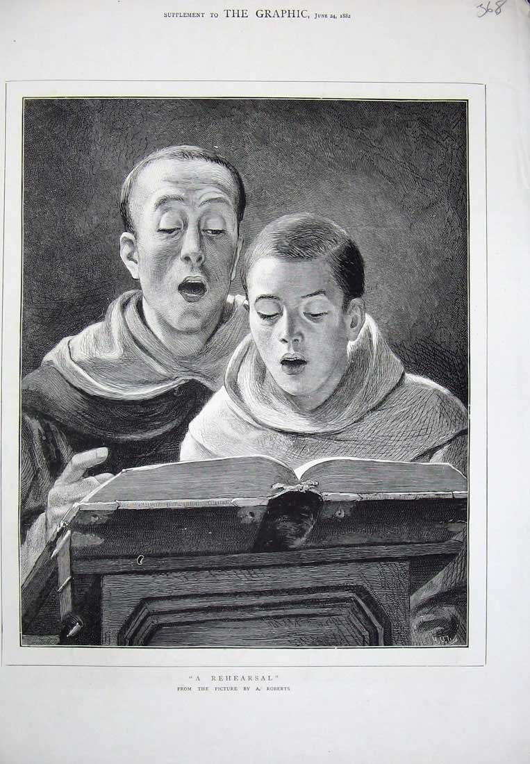 Original Old Antique Print 1882 Roberts Fine Art Man Boy Rehearsal Singing Book
