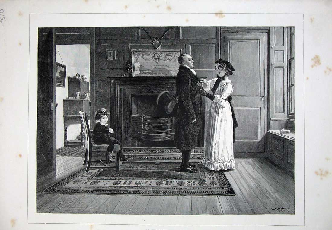 Original Old Antique Print C1870 Abbey Fine Art Widower Man Lady Little Boy