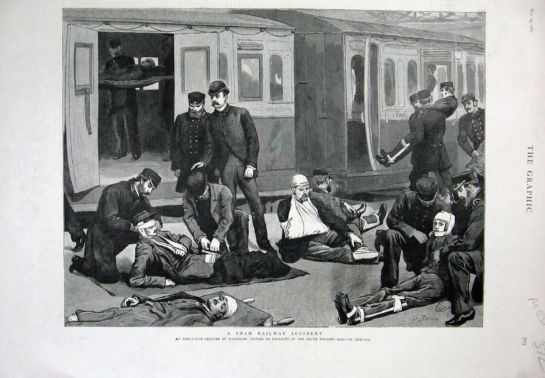 Old Antique Print 1887 Ambulance Lecture Waterloo Railway Station Train 19th