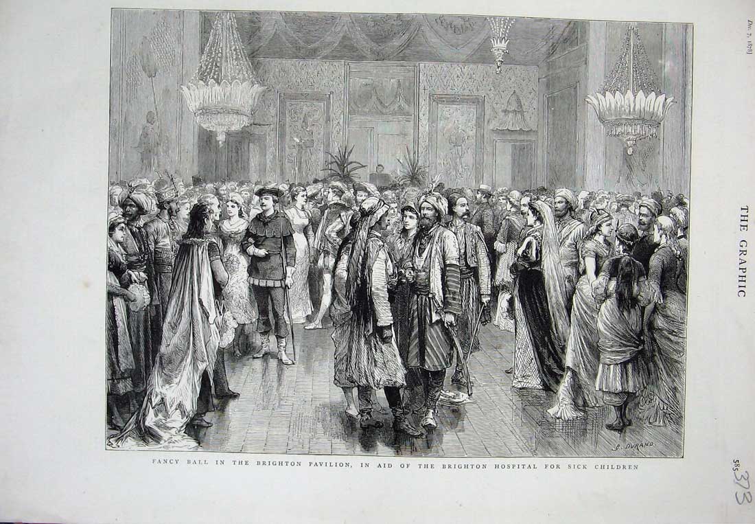 Original Old Antique Print 1878 Fancy Ball Brighton Pavilion Hospital Children