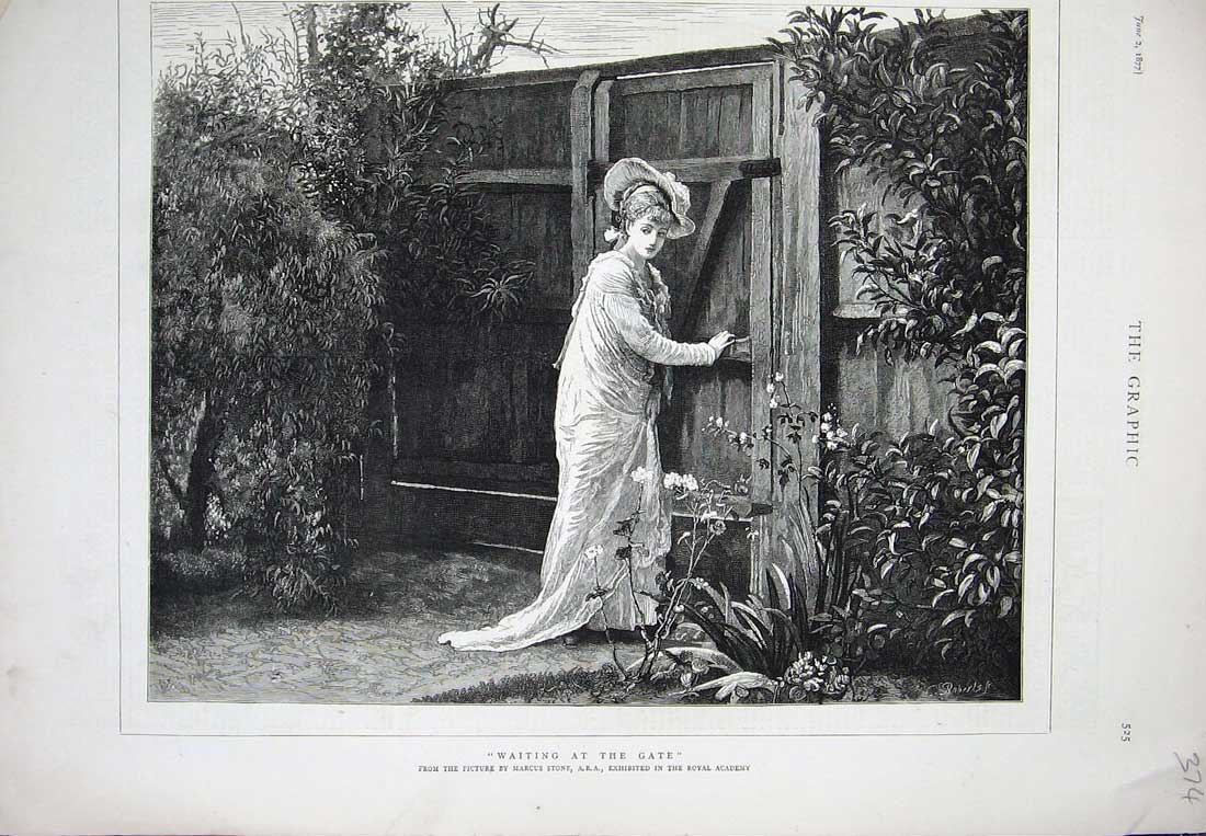 Original Old Antique Print 1877 Stone Fine Art Lady Woman Garden Gate Plants