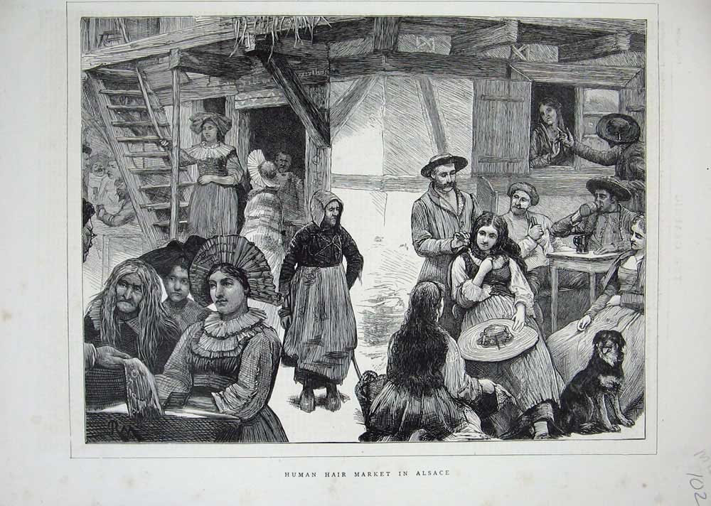 Original Old Antique Print 1871 Human Hair Market Alsace People Dog Victorian