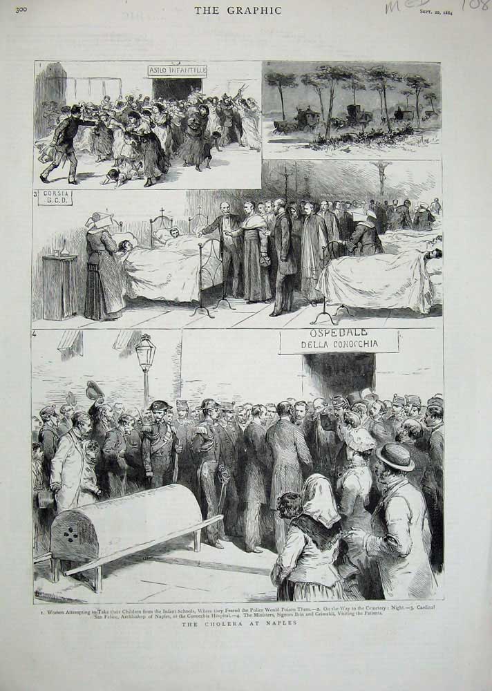 Old Antique Print 1884 Medicine Cholera Naples Conocchia Hospital Disease 19th
