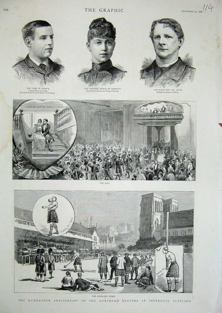 Original Old Antique Print 1888 Inverness Highland Games Scotland Jayne Sophia