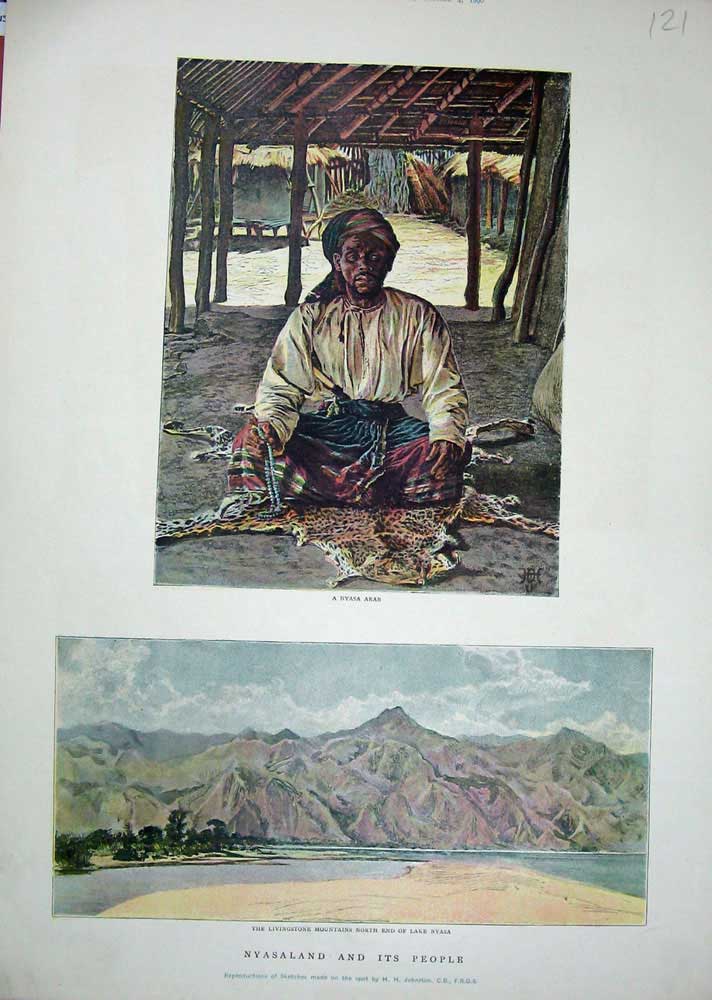 Old Antique Print 1890 Nyasaland Nyasa Arab Livingstone Mountains Colour 19th