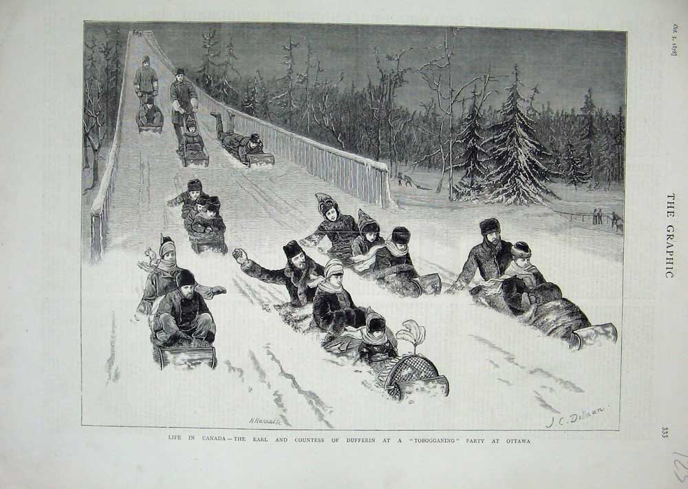 Old Antique Print 1878 Canada Earl Countess Dufferin Tobogganing Ottawa 19th