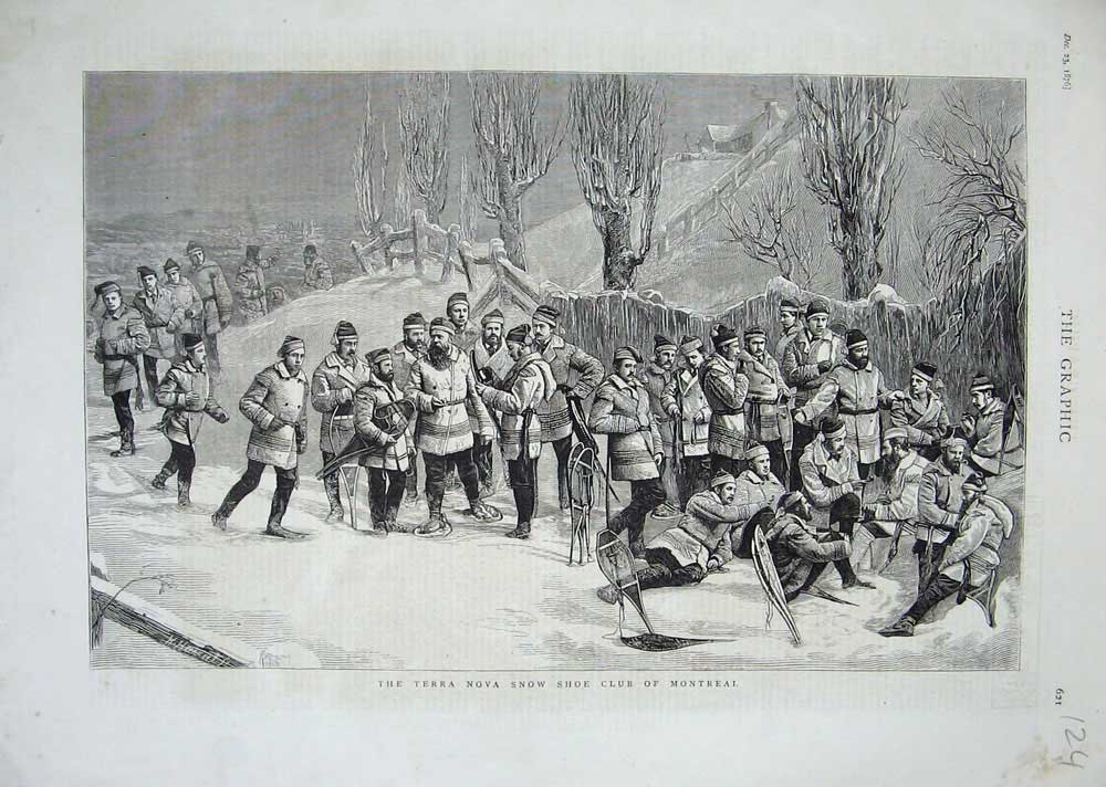 Original Old Antique Print 1876 Terra Nova Snow Shoe Club Montreal Sport Men