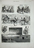 Original Old Antique Print 1880 Fire Tokio Japan Burning Flames Street Cart