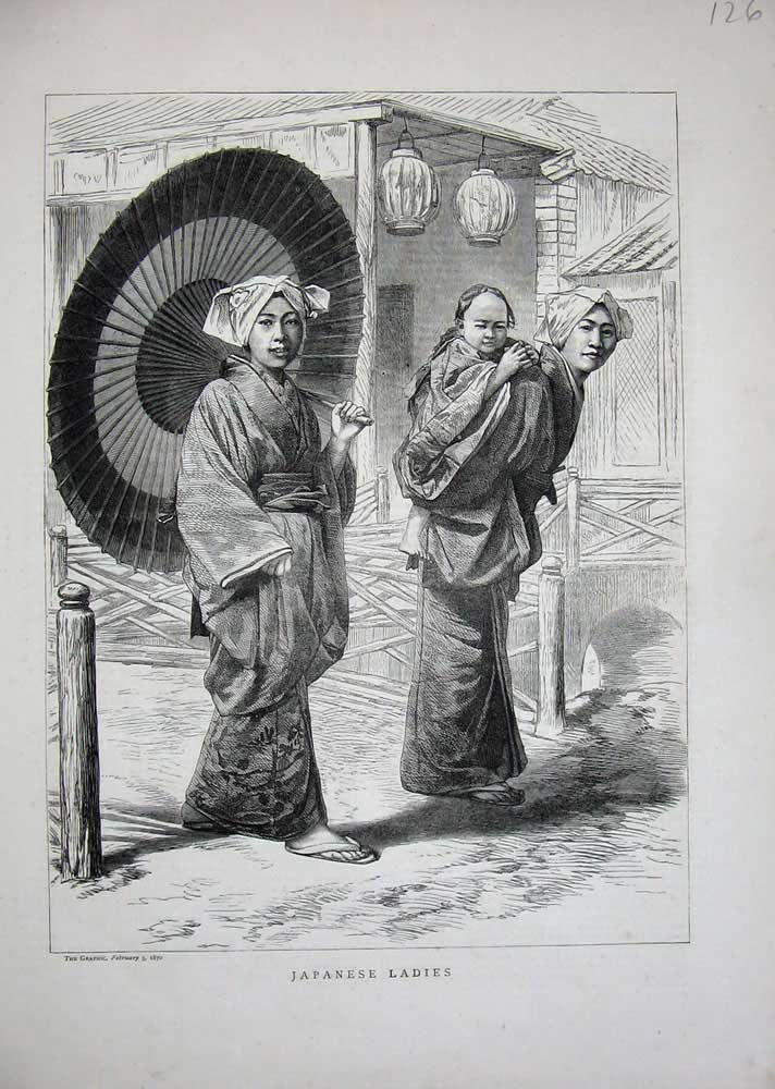 Original Old Antique Print 1870 Japanese Ladies Little Girl Costumes Victorian