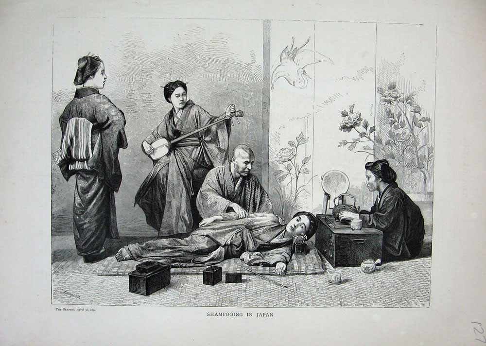 Original Old Antique Print 1870 Shampooing Japan People Music 19th