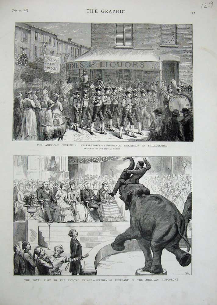Old Antique Print 1876 America Philadelphia Elephant Crystal Hippodrome 19th