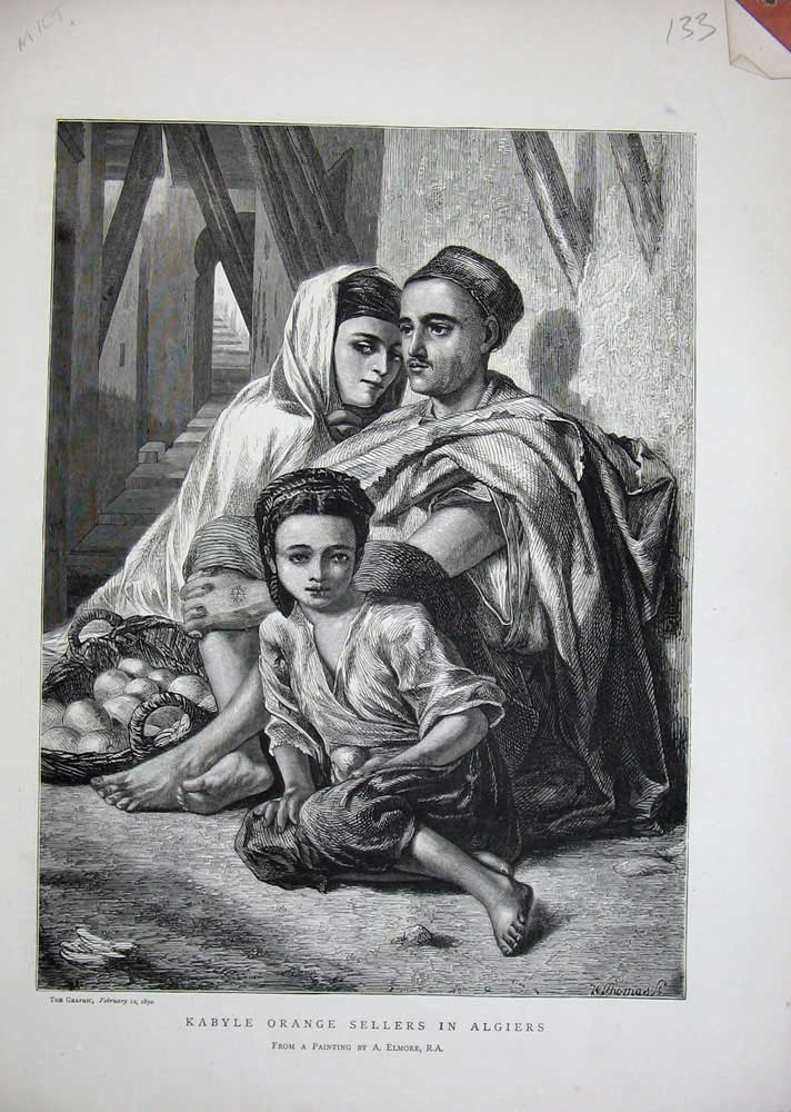 Original Old Antique Print 1870 Kabyle Orange Sellers Algiers Family Fruit Art