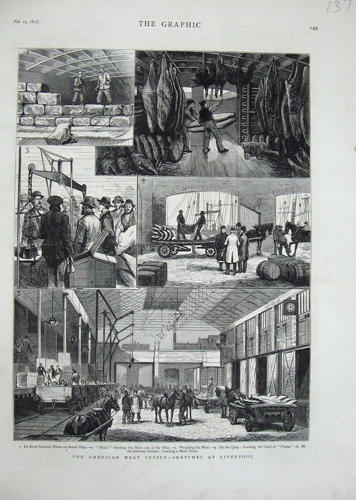 Old Antique Print 1877 American Meat Liverpool Ship Railway Station Quay 19th