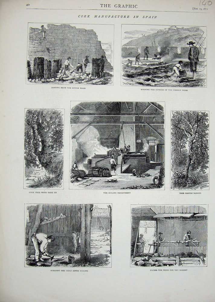 Original Old Antique Print 1872 Cork Manufacture Spain Wood Trees Machinery