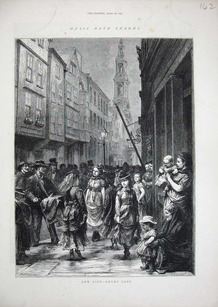 Original Old Antique Print 1872 Drury Lane London People Music Fine Art 19th