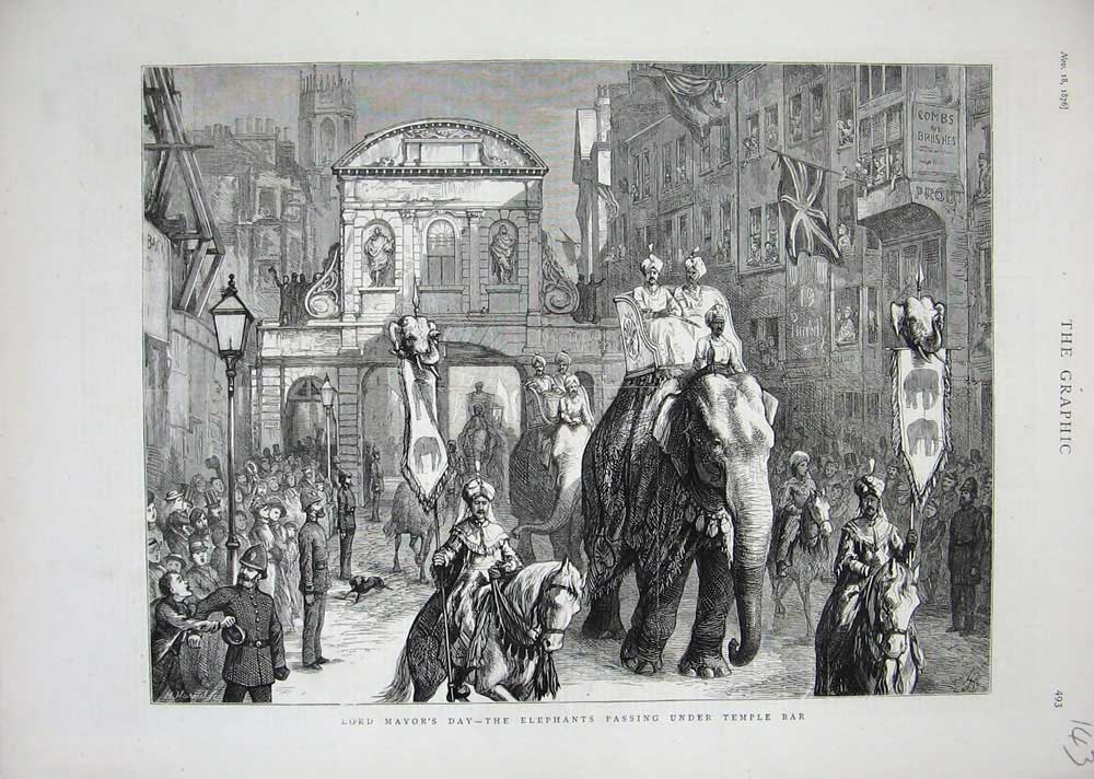 Original Old Antique Print 1876 Lord Mayor Day Elephants Temple Bar London Art