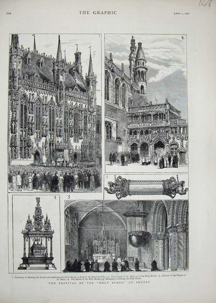Old Antique Print 1878 Festival Holy Blood Bruges Hotel-De-Ville Chapel 19th