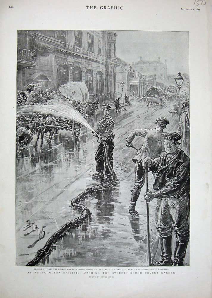 Original Old Antique Print Cholera 1894 Washing Streets Covent Garden London