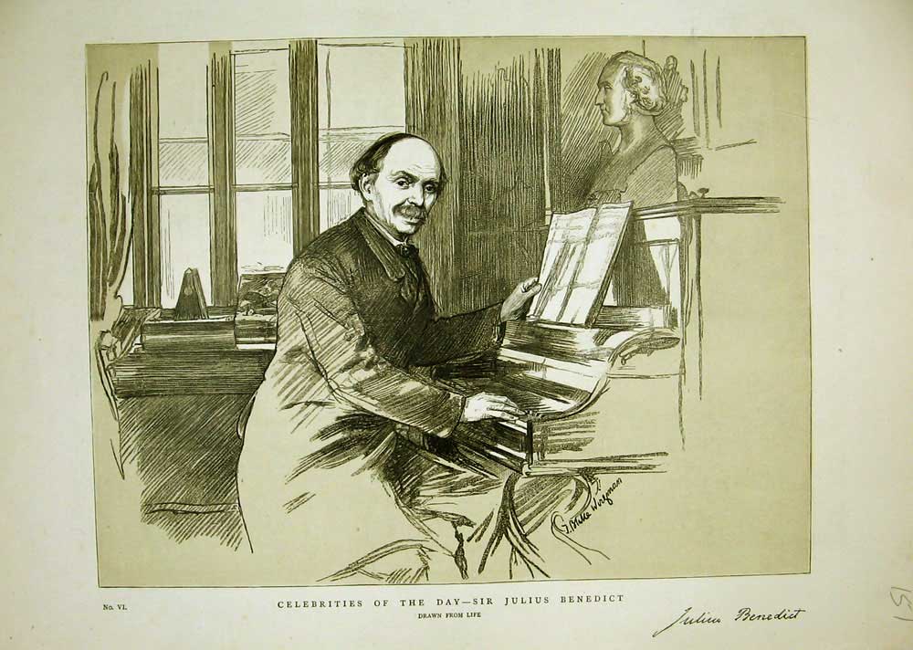 Original Old Antique Print 1884 Portrait Sir Julius Benedict Piano Music 19th