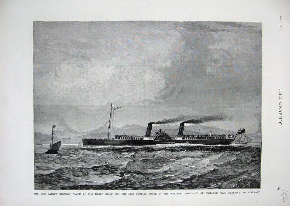 Original Old Antique Print 1877 Saloon Steamer Lord The Isles Scotland Greenock