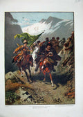 Original Old Antique Print 1883 Colour Horses Men Mountains Snow Wagner 19th