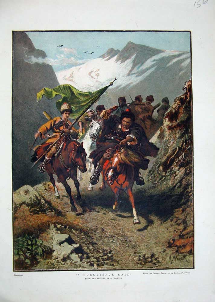 Original Old Antique Print 1883 Colour Horses Men Mountains Snow Wagner 19th