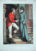Original Old Antique Print 1877 Colour Lady Mildred Lover Romance Stairs 19th