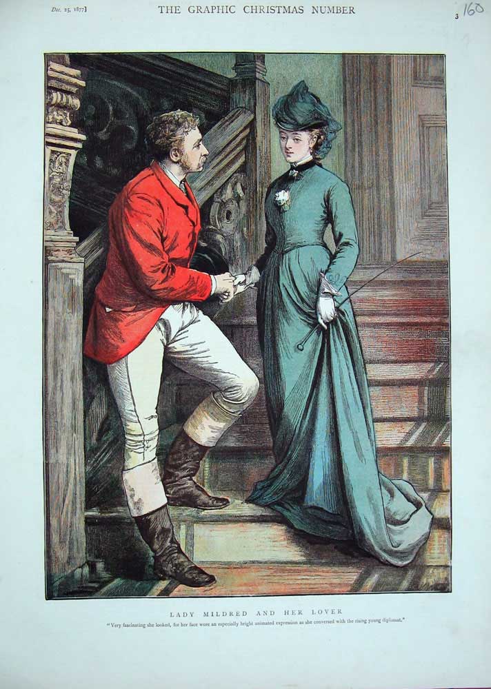 Original Old Antique Print 1877 Colour Lady Mildred Lover Romance Stairs 19th