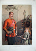 Original Old Antique Print 1884 Colour Sier Man Little Girl Chair Small 19th