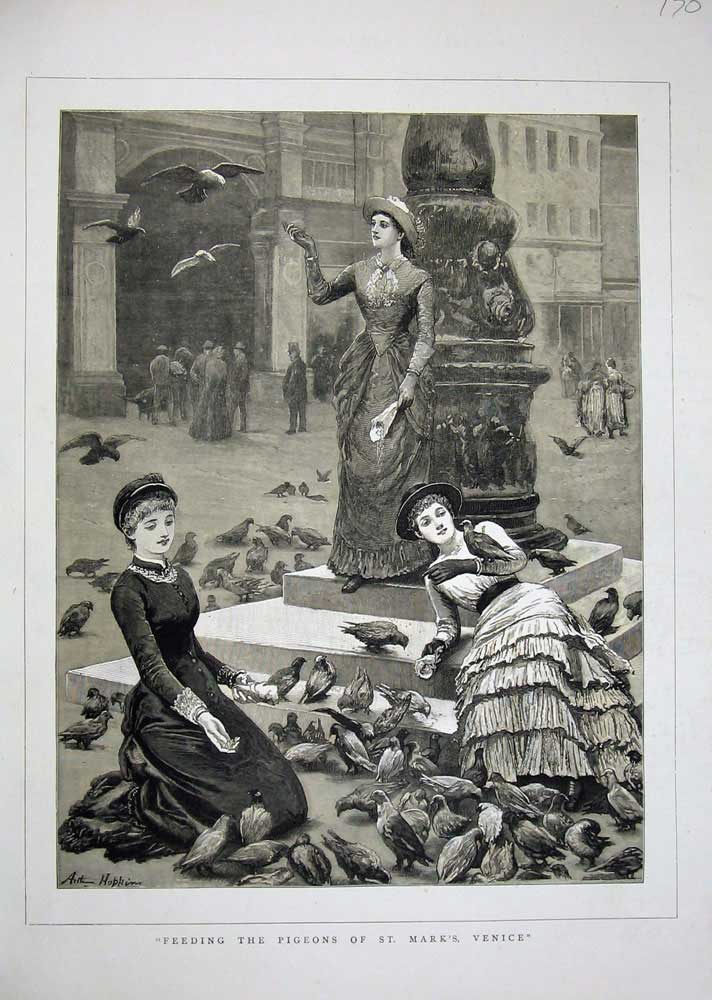 Original Old Antique Print 1884 Women Feeding Pigeons St Mark'S Venice Fine Art
