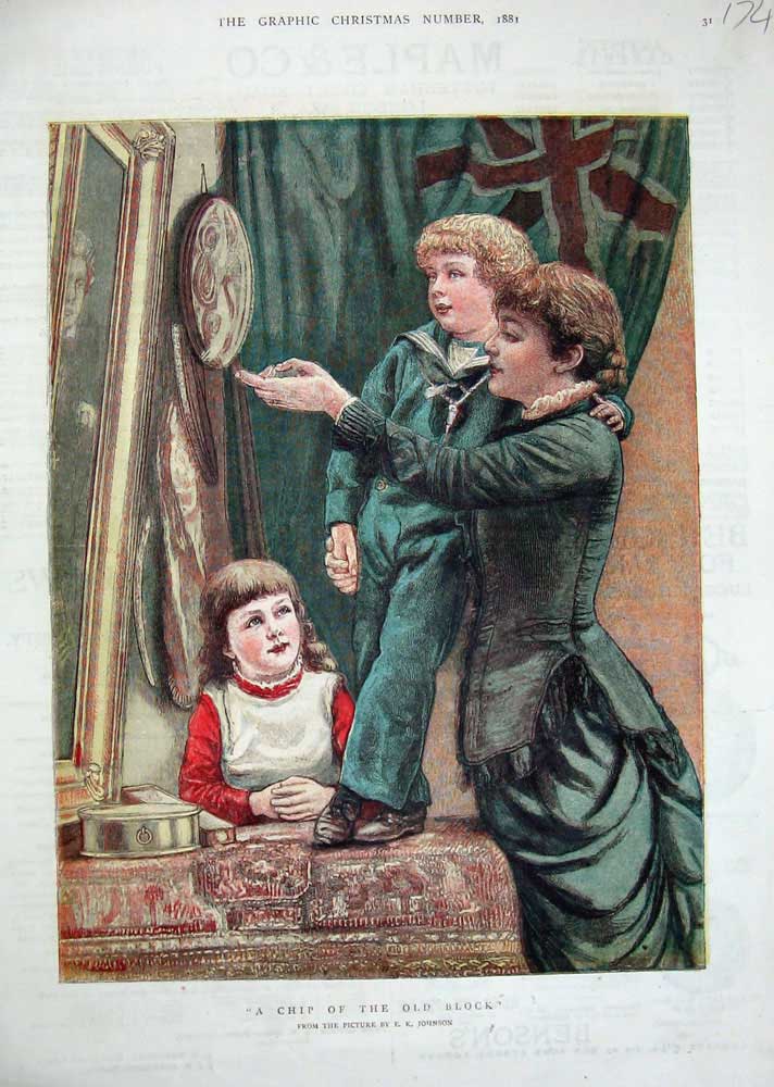 Original Old Antique Print 1881 Colour Mother Children British Flag Picture