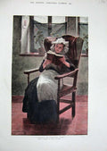 Original Old Antique Print 1892 Colour Lady Reading Book Chair Stuchlik 19th