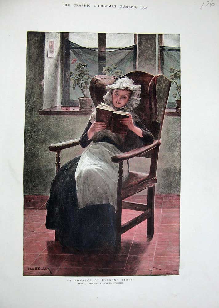 Original Old Antique Print 1892 Colour Lady Reading Book Chair Stuchlik 19th