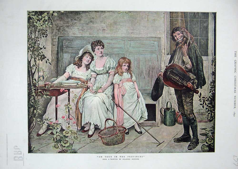 Original Old Antique Print 1892 Colour Woman Young Girls Man Music Downing 19th
