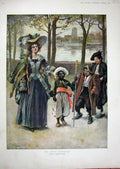 Original Old Antique Print Colour 1896 Lady Servant Native Boy River Browne