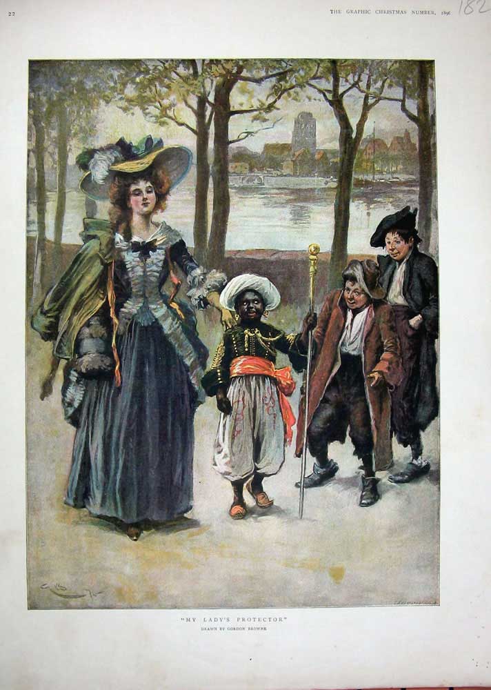 Original Old Antique Print Colour 1896 Lady Servant Native Boy River Browne
