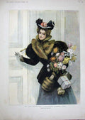 Original Old Antique Print 1896 Christmas Presents Lady Flowers Rejchan Colour