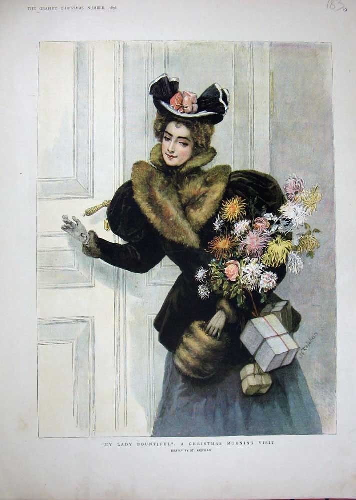 Original Old Antique Print 1896 Christmas Presents Lady Flowers Rejchan Colour