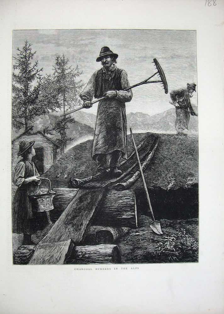 Old Antique Print 1872 Fine Art Charcoal Burners Alps Mountains Man Work 19th