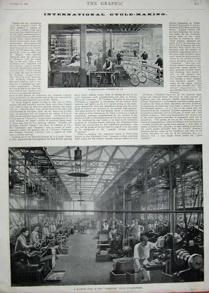 Original Old Antique Print 1896 Machine Shop Gladiator Cycle Making Manufactory